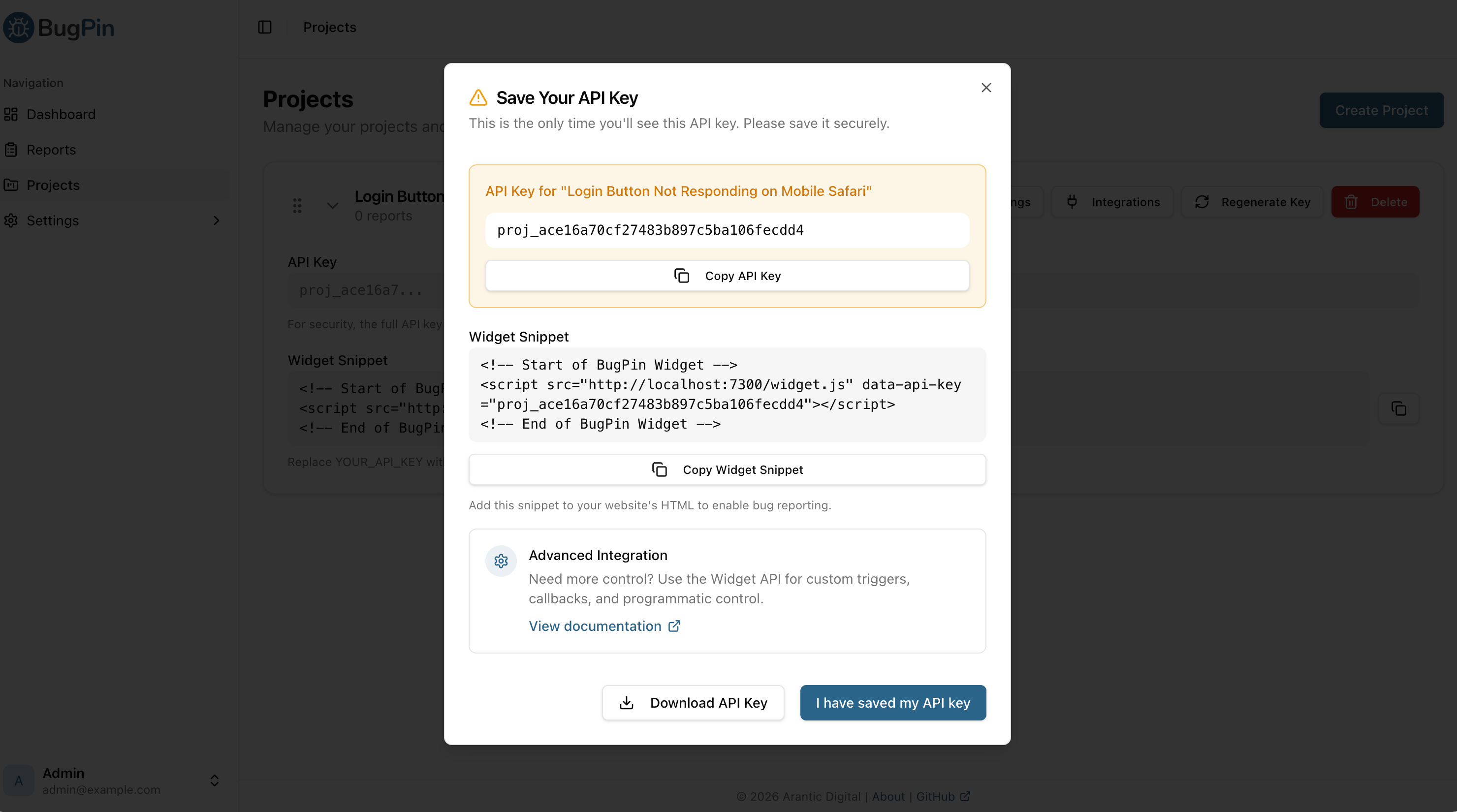 Project API key displayed with copy button
