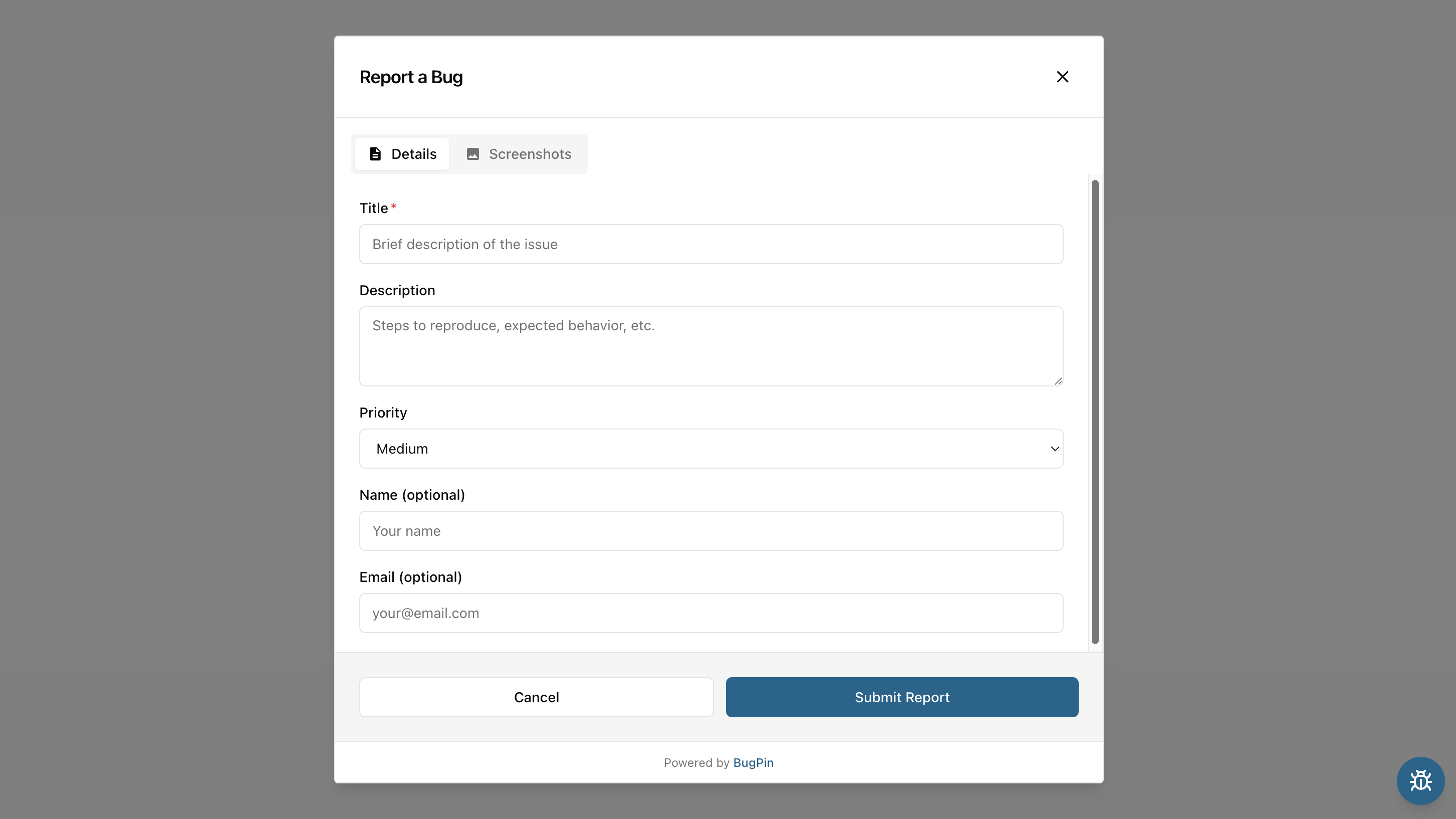 BugPin widget dialog with annotation tools and screenshot preview