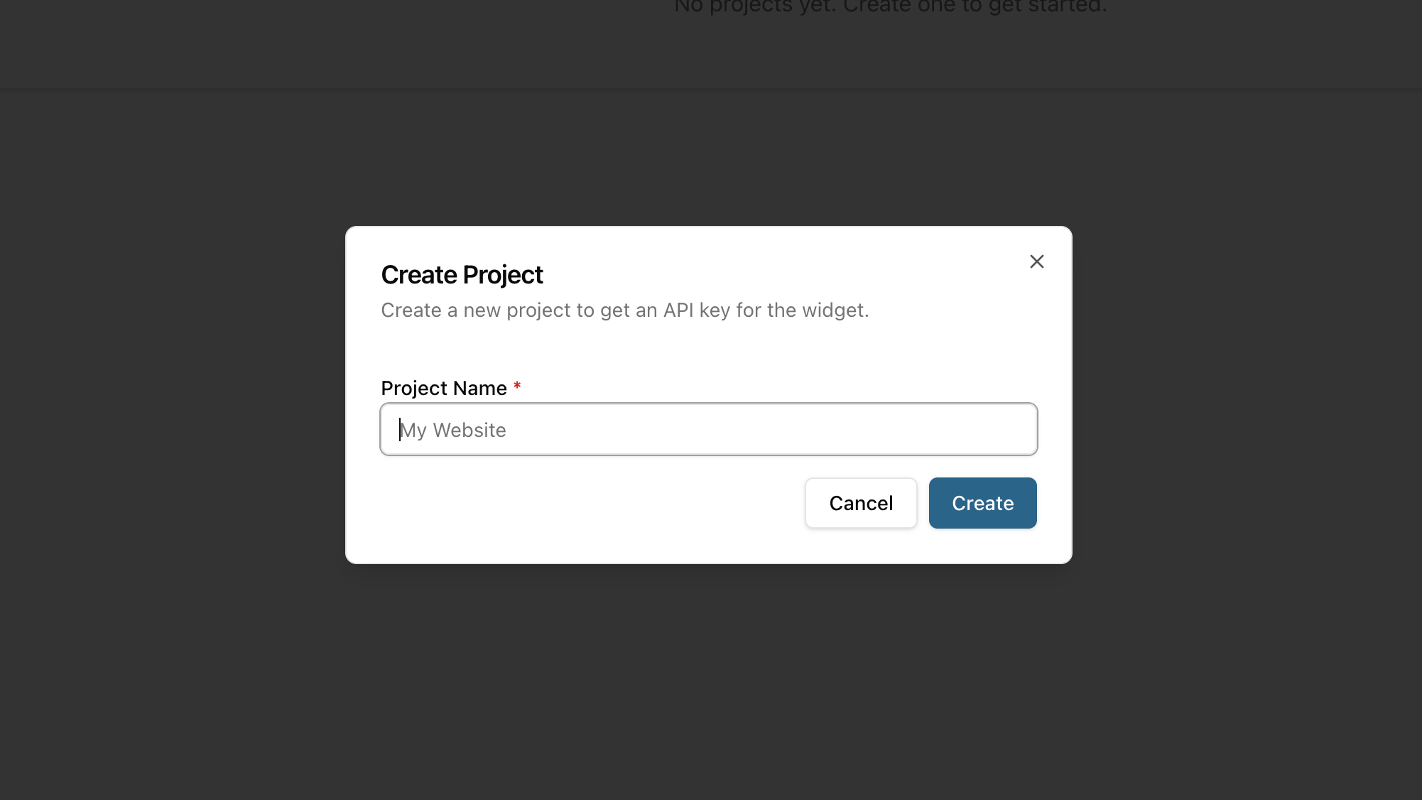 New project creation dialog with name field