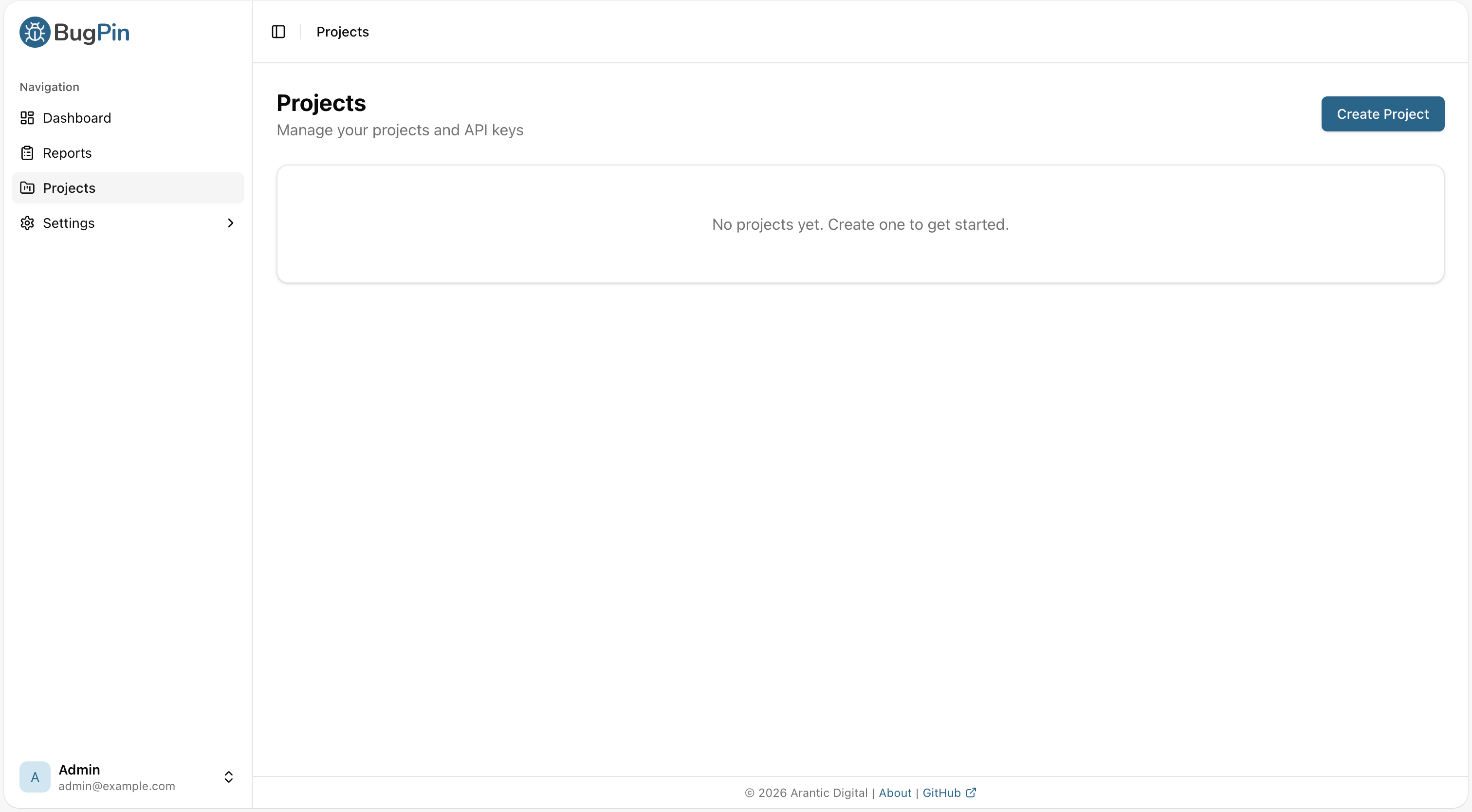 Projects management page with Create Project button