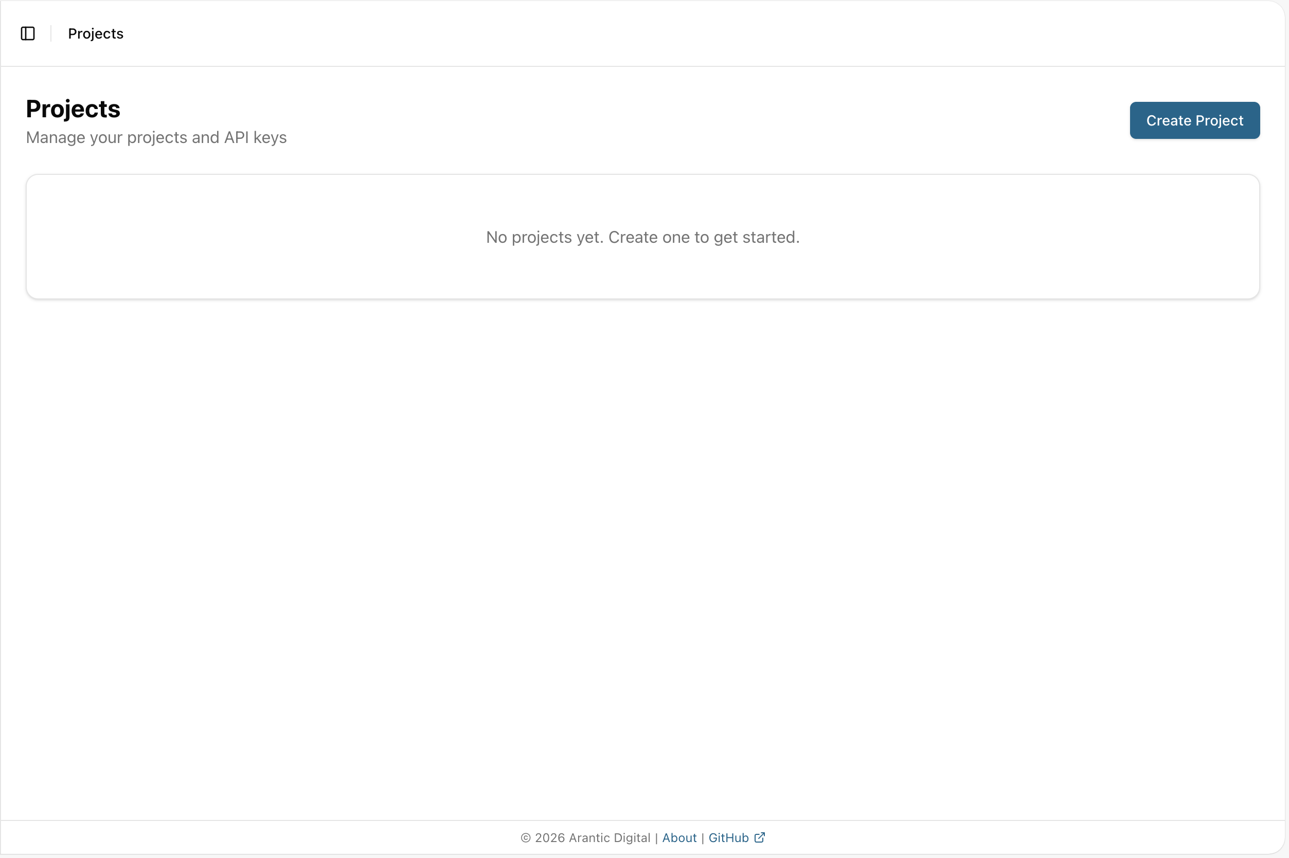 Projects management page with Create Project button